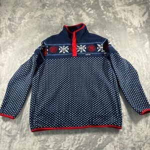 Lands' End blue and red snowflake quarter‎ zip sweater